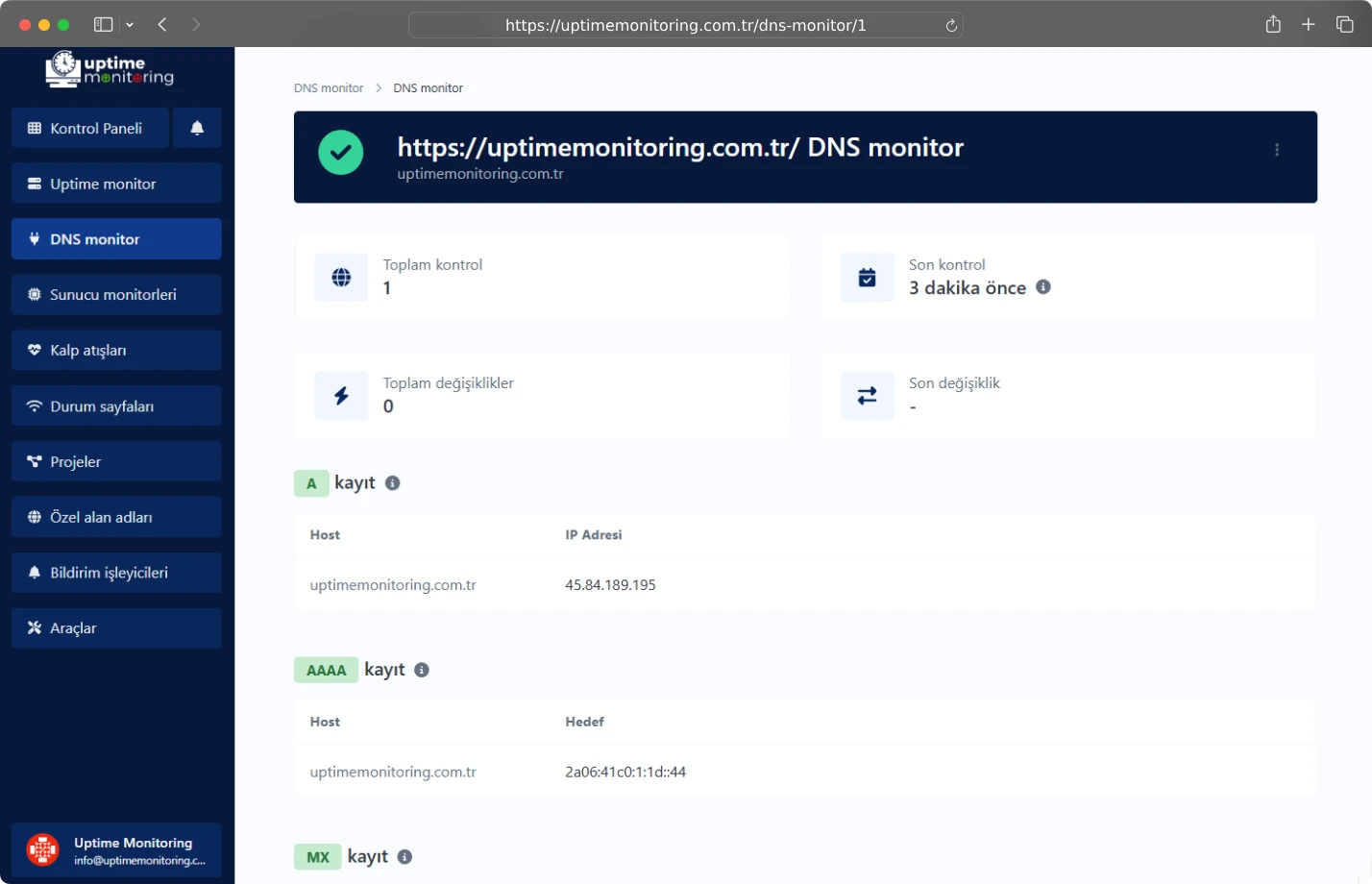 Uygulamanın DNS izleme sayfasının ekran görüntüsü